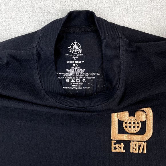 WALT DISNEY WORLD SPIRIT JERSEY Womens Black Shirt Bronze Puff Print Splatter XS - Picture 3 of 8